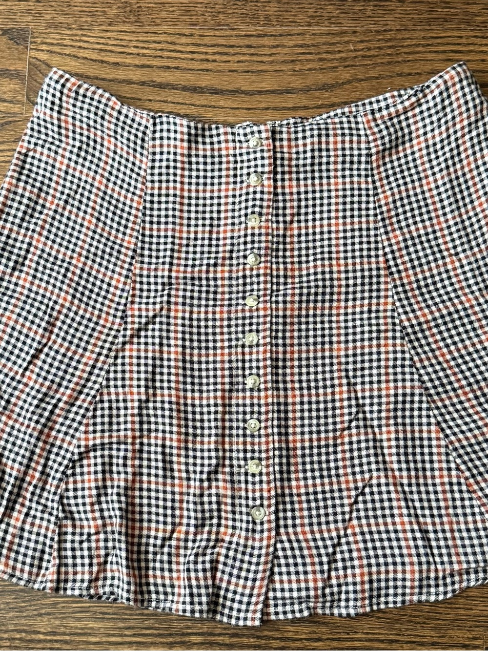 American Eagle Outfitters Black & Orange Plaid Button-Front Mini Skirt